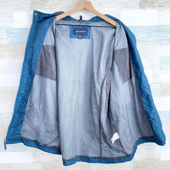 Lands End Hooded Rain Jacket Blue Aztec Print Full Zip Mesh Lined Mens XXL 2XL - Picture 3 of 8